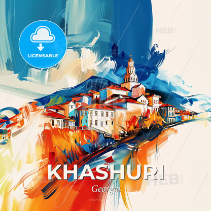 Vibrant Khashuri, Georgia - A Painting Of A Town On A Hill - Square format print template