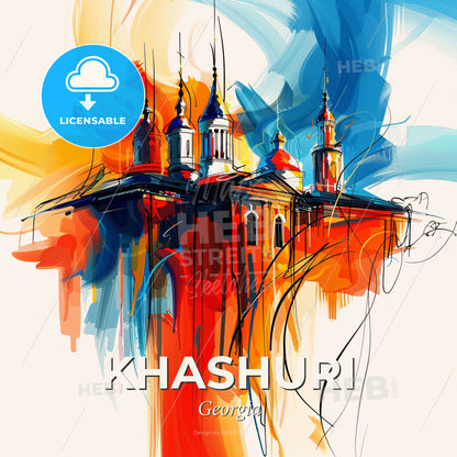 Vibrant Khashuri, Georgia - A Painting Of A Building With A Colorful Background - Square format print template