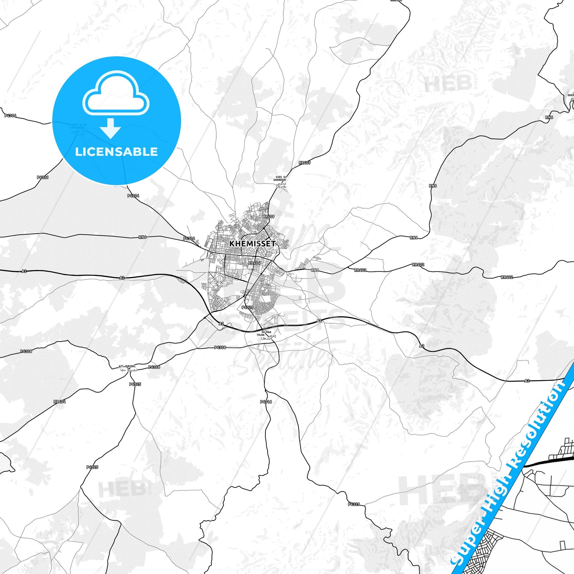 Khemisset, Morocco light map with streetnames, citynames and districts