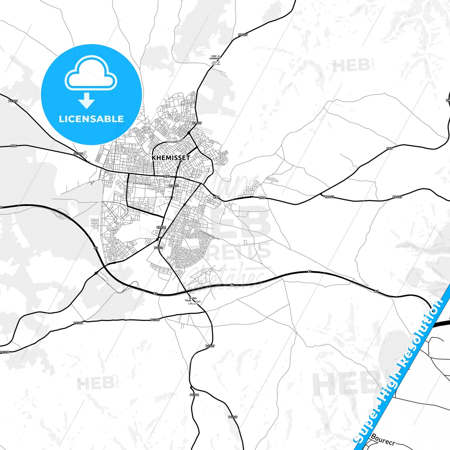 Khemisset, Morocco Light Map with Street Names, City Names, and Districts