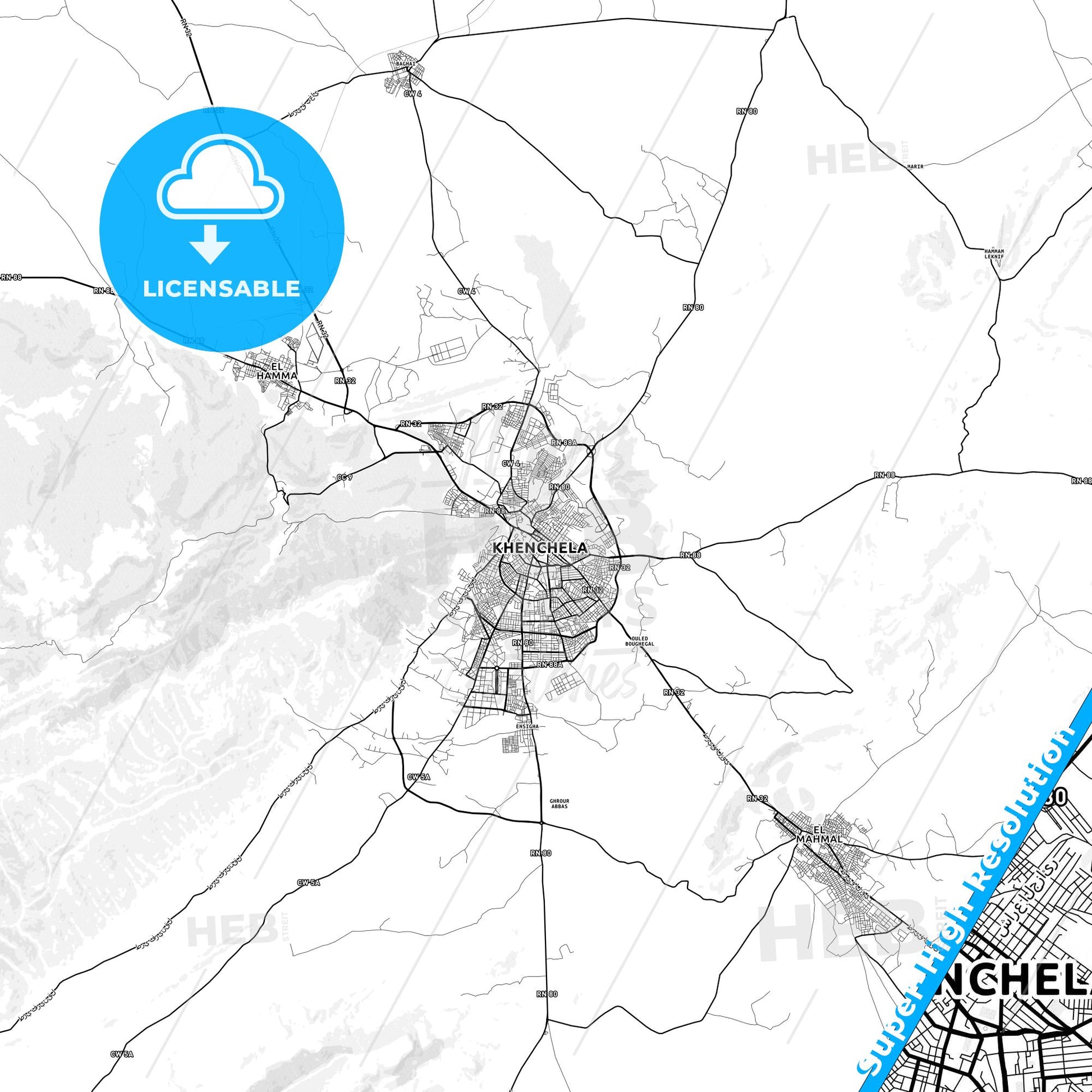 Khenchela, Algeria light map with streetnames, citynames and districts