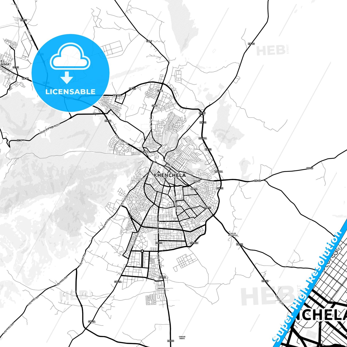 Khenchela, Algeria Light Map with Street Names, City Names, and Districts