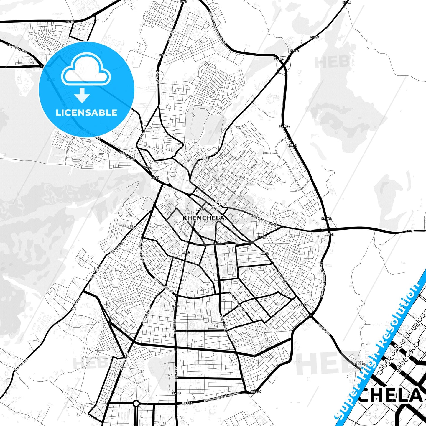 Khenchela, Algeria Light Map with Street Names, City Names, and Districts