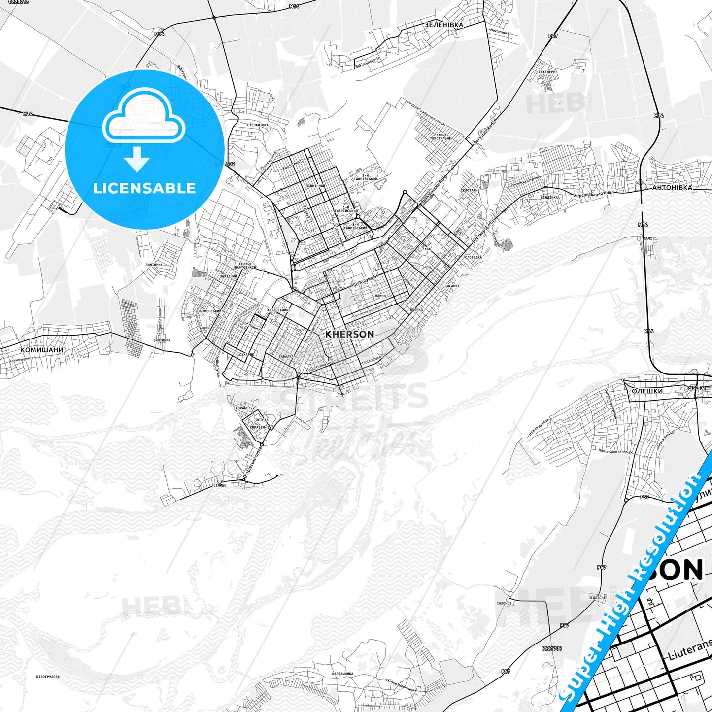 Kherson, Ukraine light map with streetnames, citynames and districts