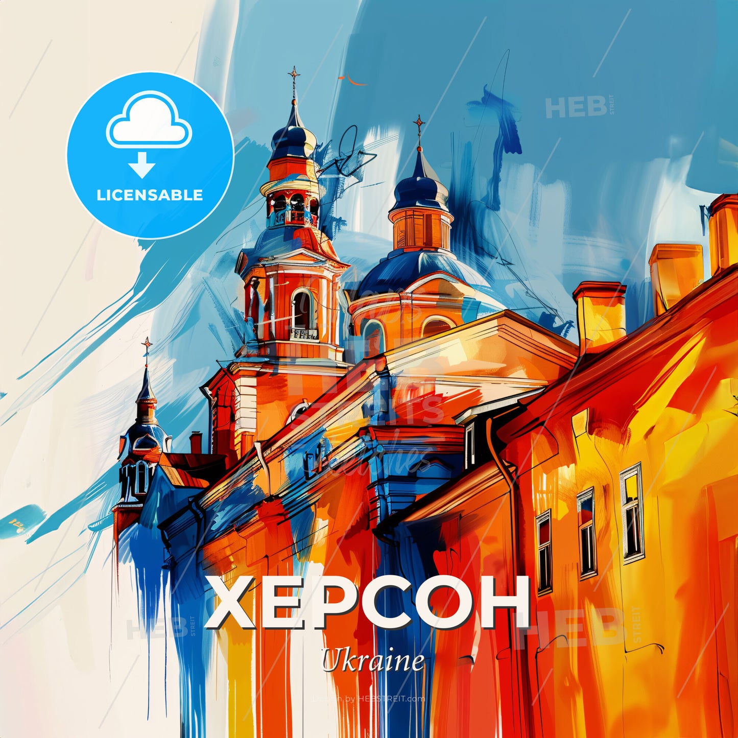 Vibrant Херсон, Ukraine - A Painting Of A Building With Towers - Square format print template