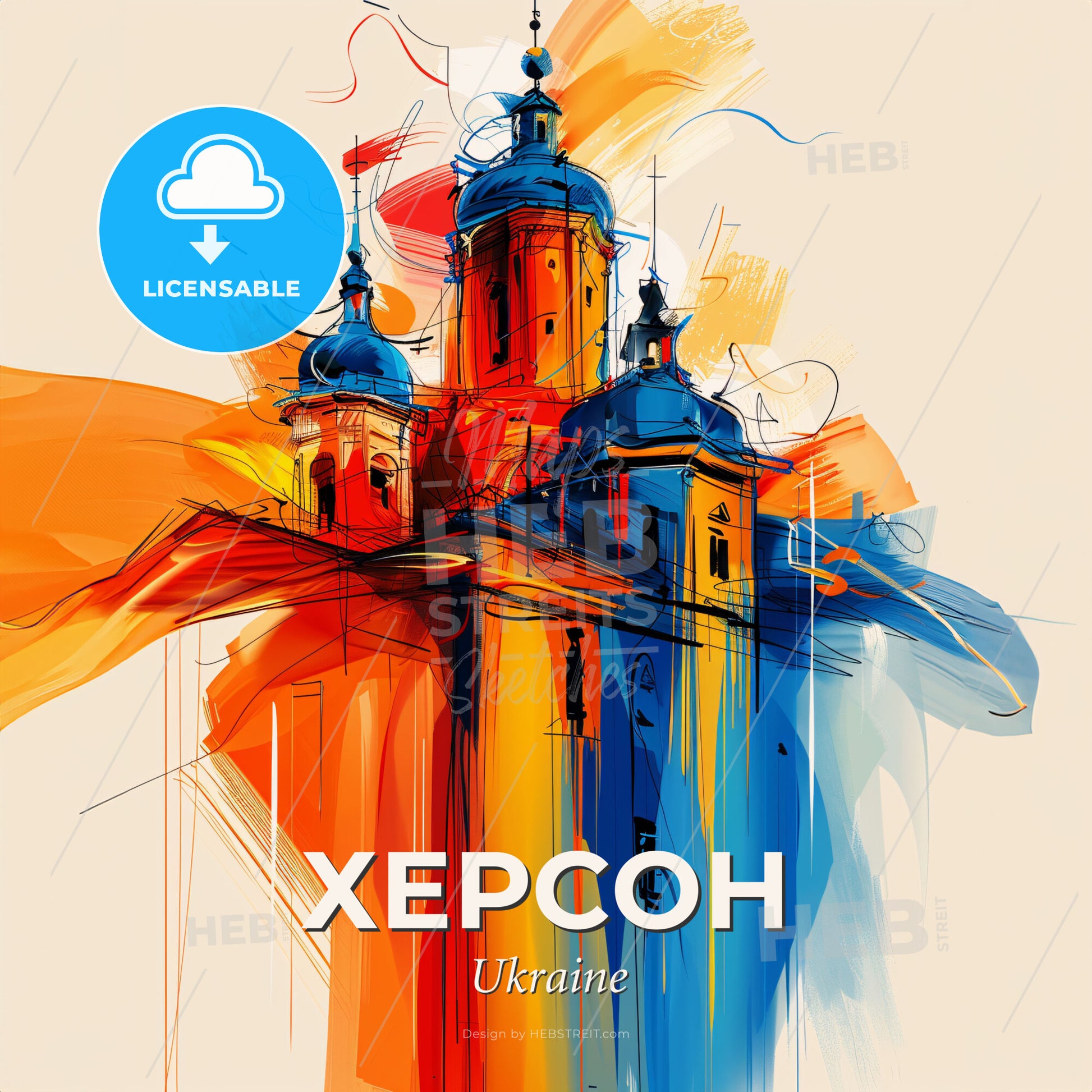Vibrant Херсон, Ukraine - A Painting Of A Building With Blue Domes - Square format print template