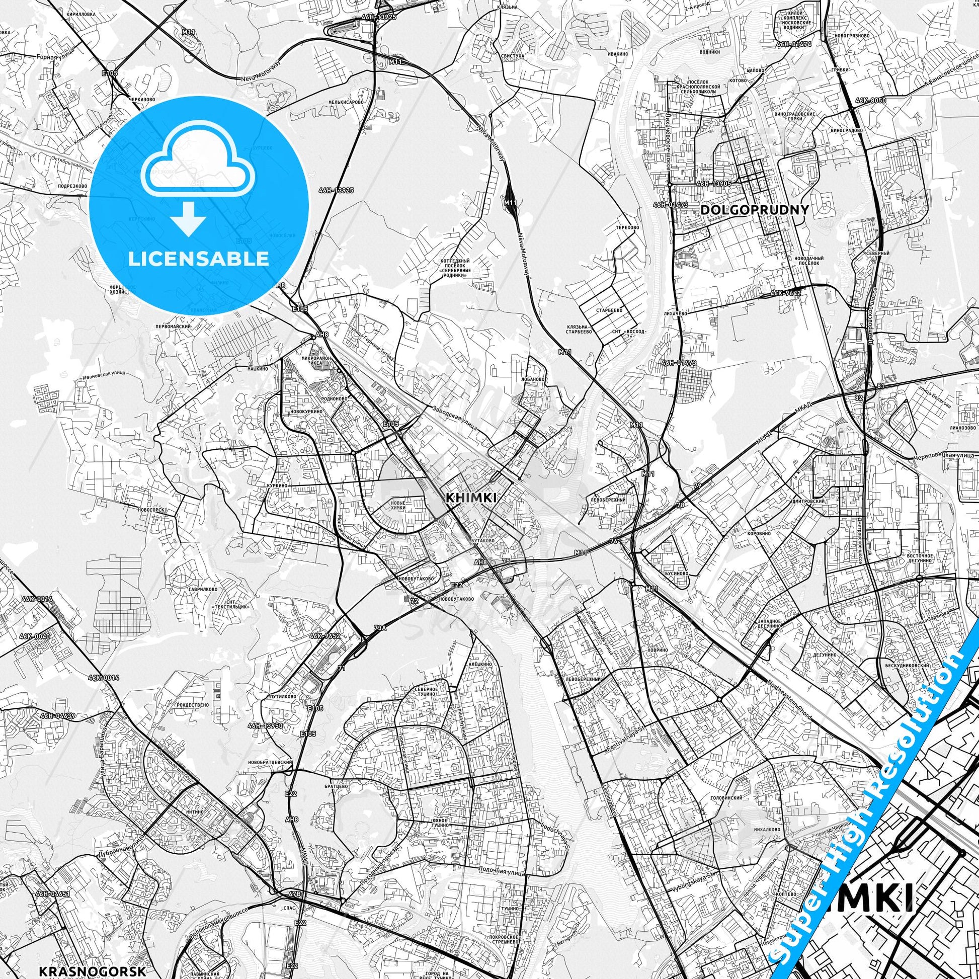 Khimki, Russia light map with streetnames, citynames and districts