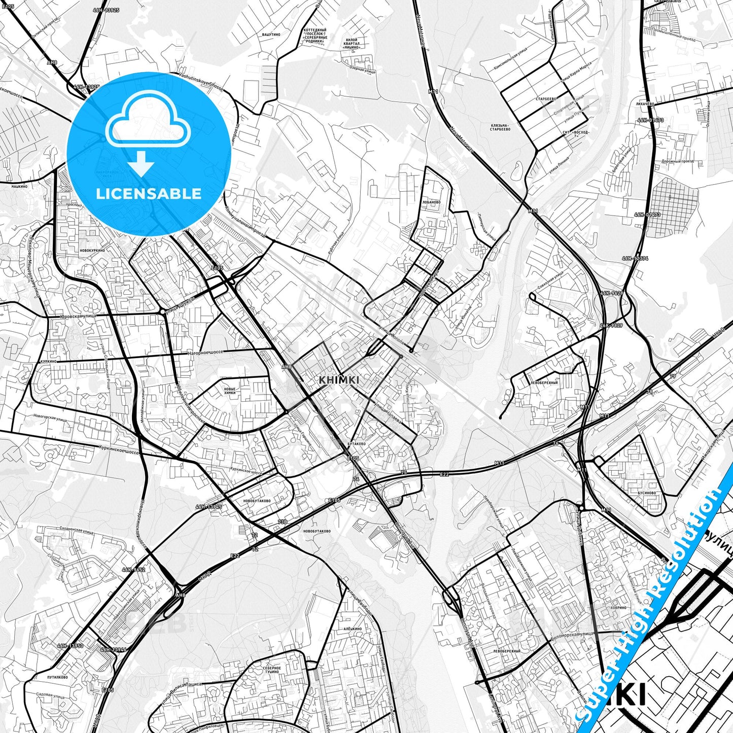 Khimki, Russia Light Map with Street Names, City Names, and Districts