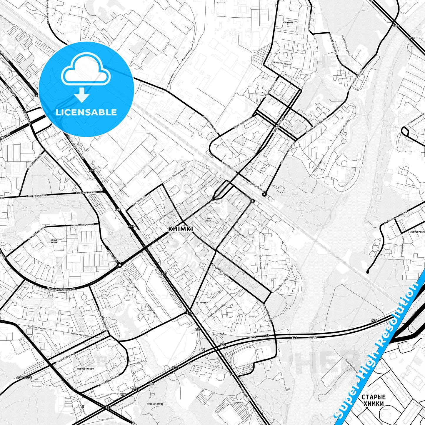 Khimki, Russia Light Map with Street Names, City Names, and Districts