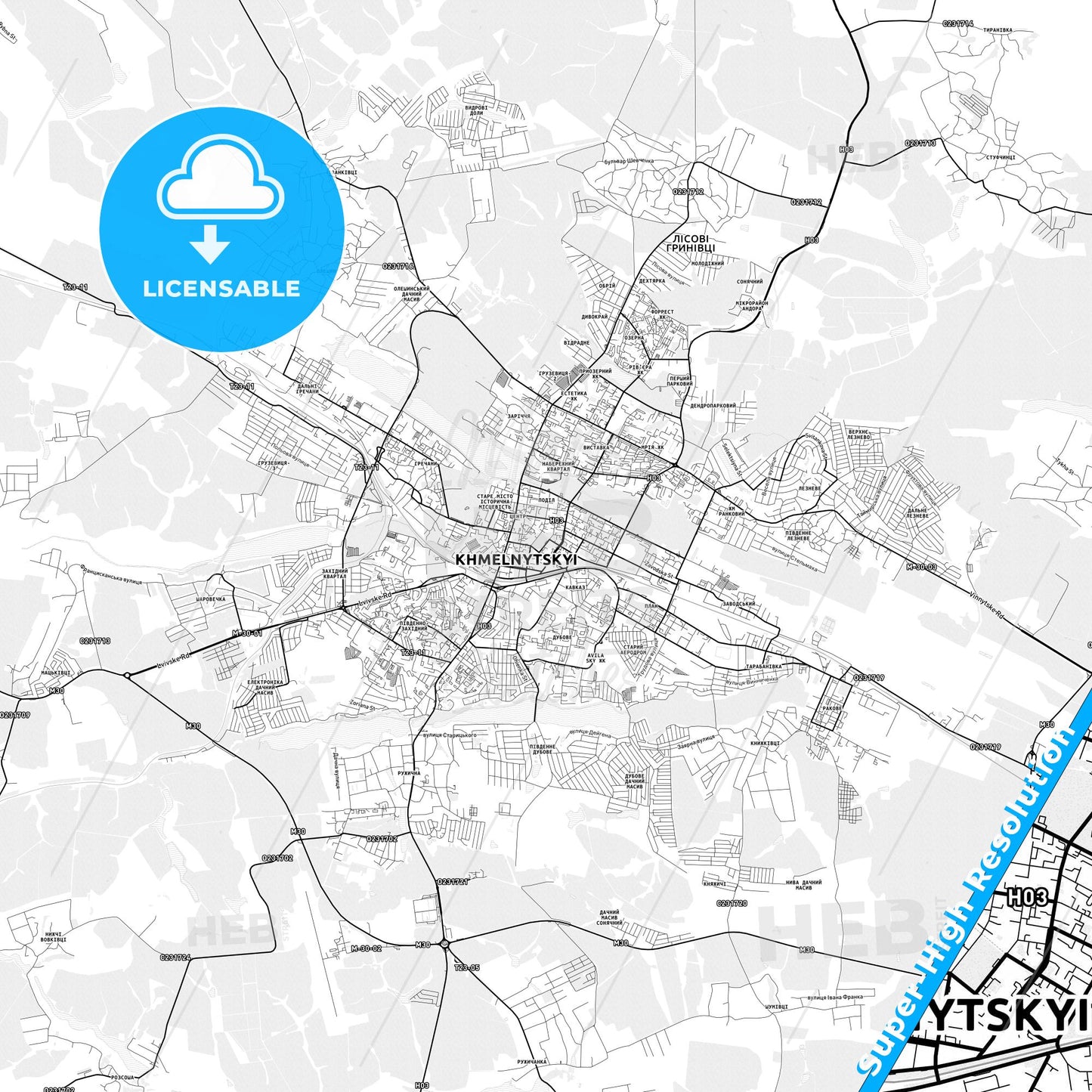 Khmelnytskyi, Ukraine light map with streetnames, citynames and districts
