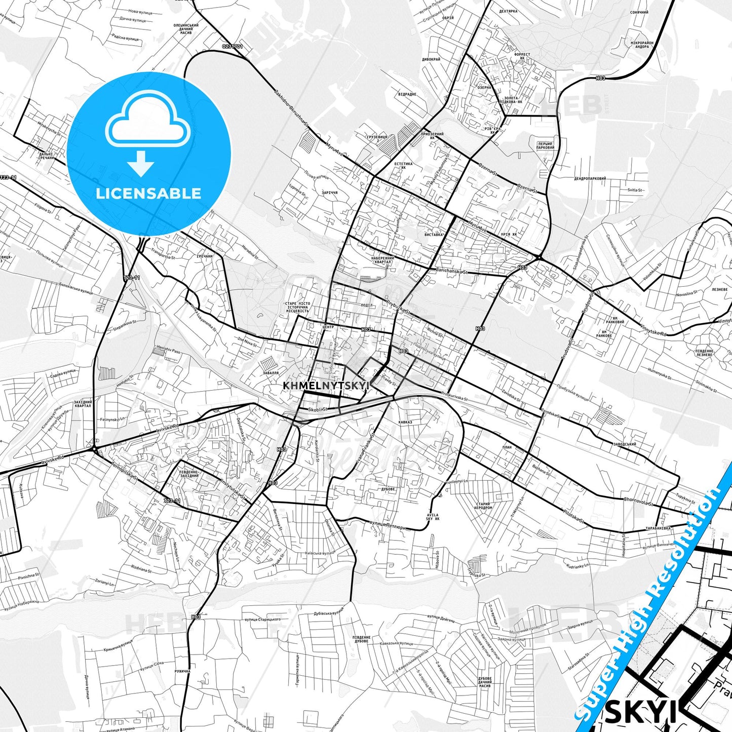 Khmelnytskyi, Ukraine Light Map with Street Names, City Names, and Districts