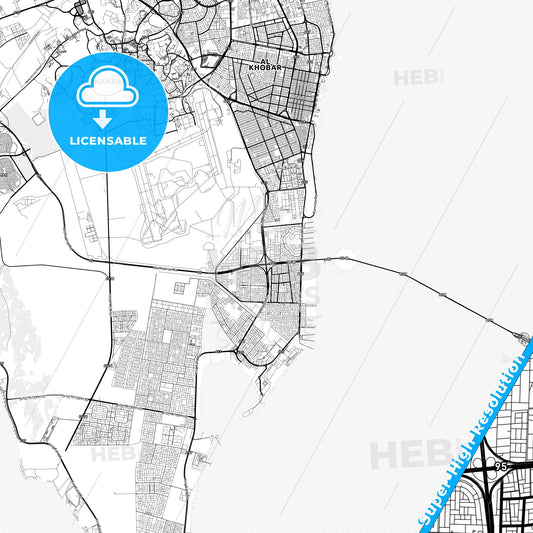 Khobar, Saudi Arabia light map with streetnames, citynames and districts