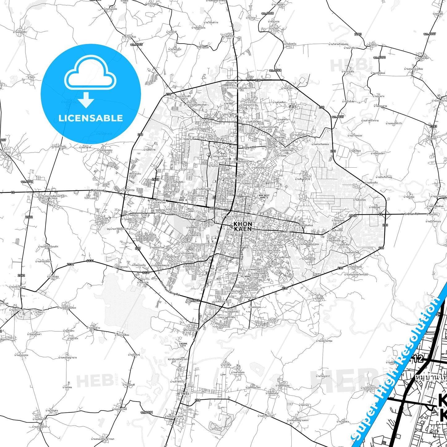Khon Kaen, Thailand light map with streetnames, citynames and districts