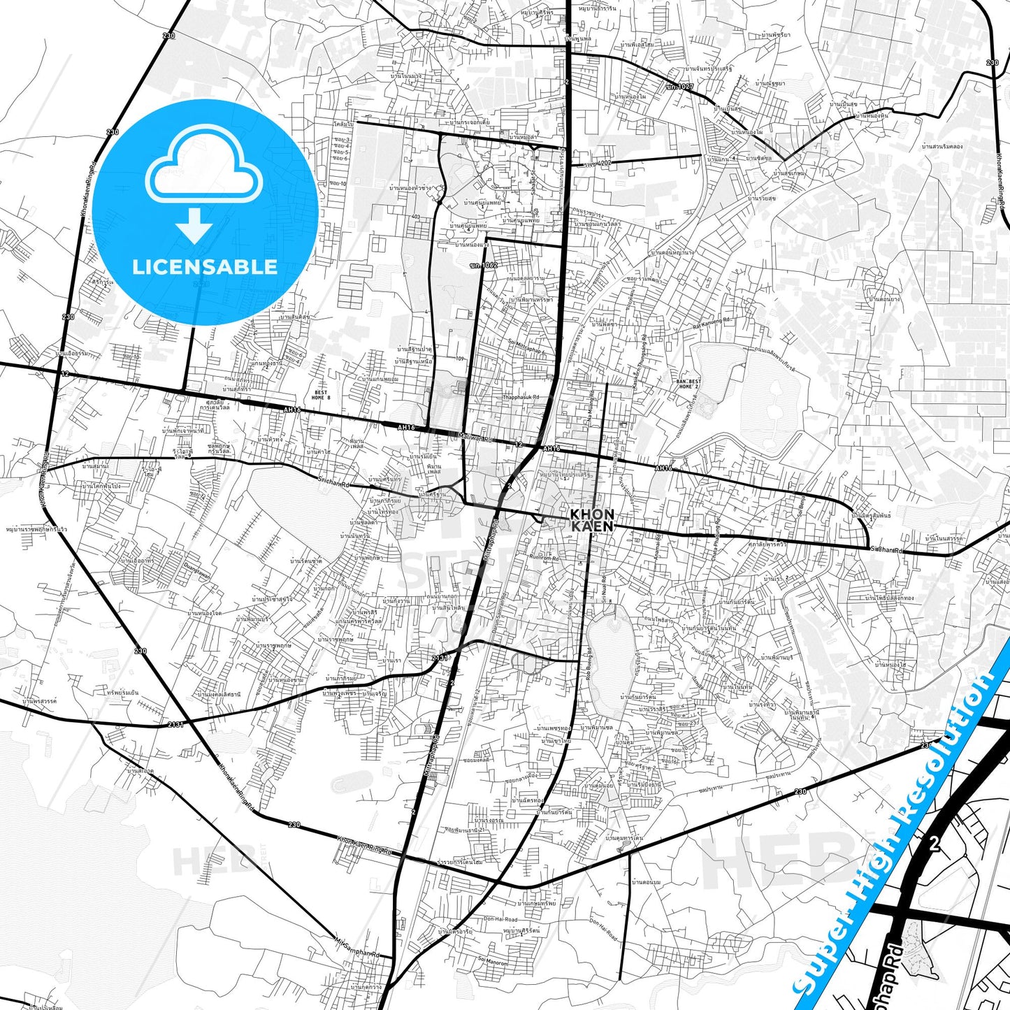 Khon Kaen, Thailand Light Map with Street Names, City Names, and Districts
