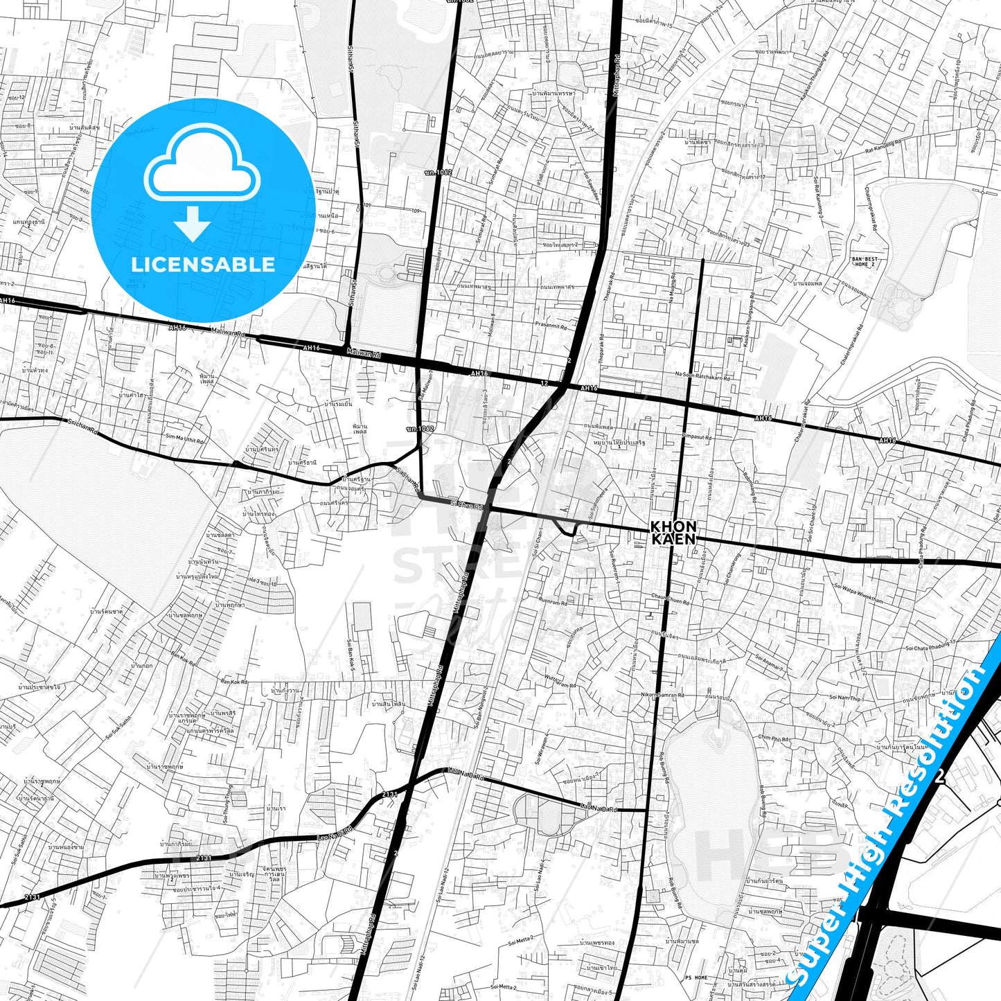 Khon Kaen, Thailand Light Map with Street Names, City Names, and Districts