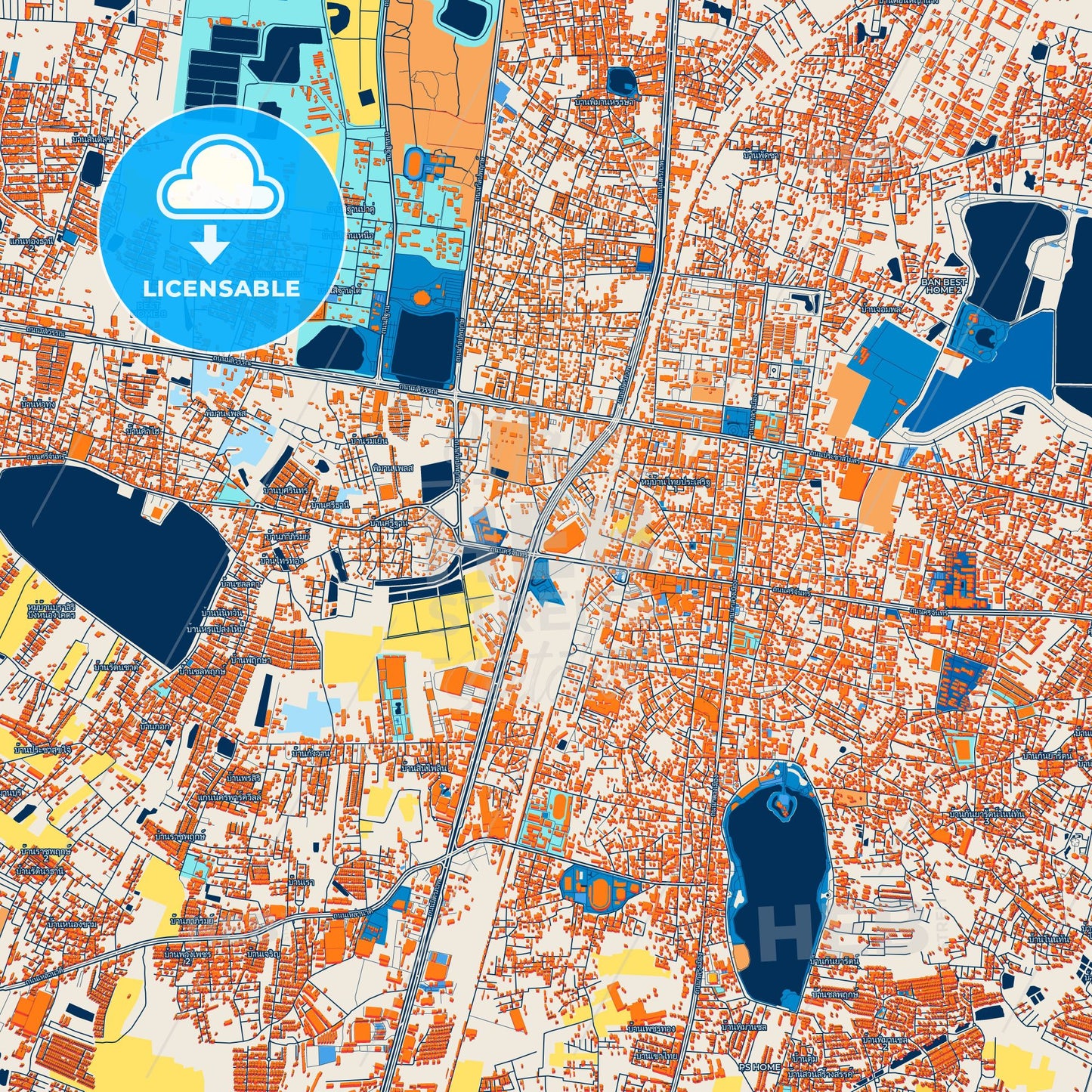 Colorful Khon Kaen Street Map with Labels and Buildings