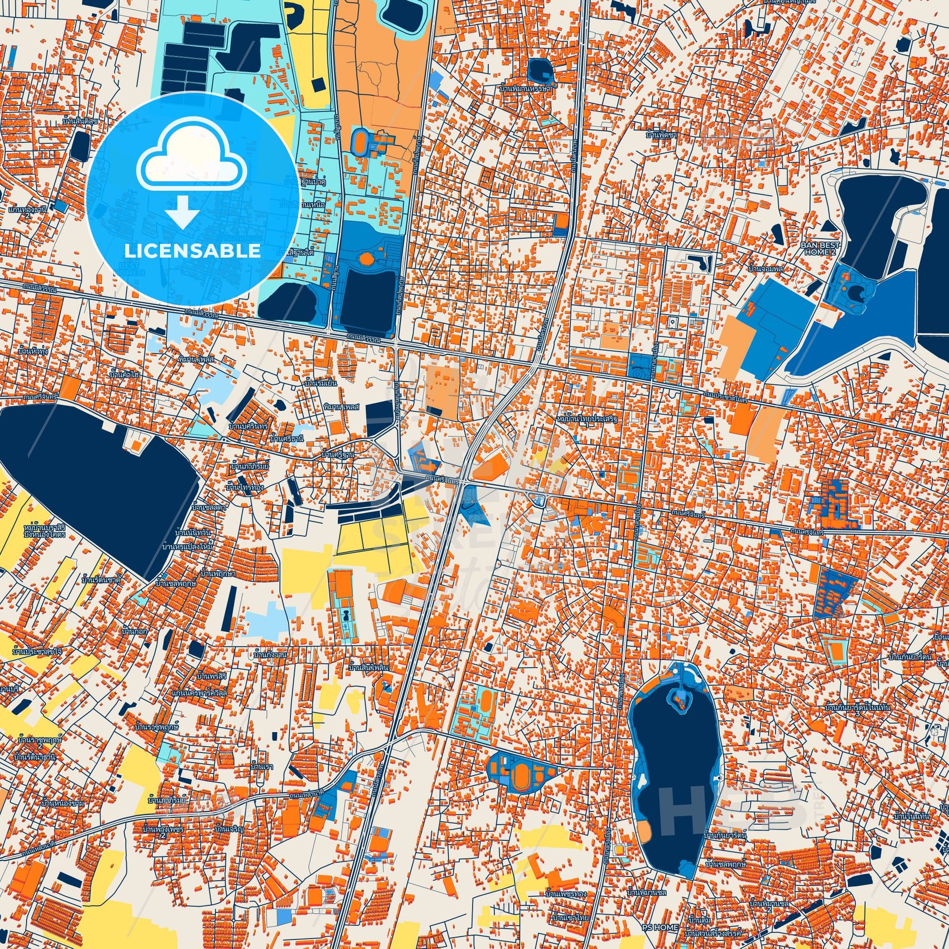 Colorful Khon Kaen Street Map with Labels and Buildings