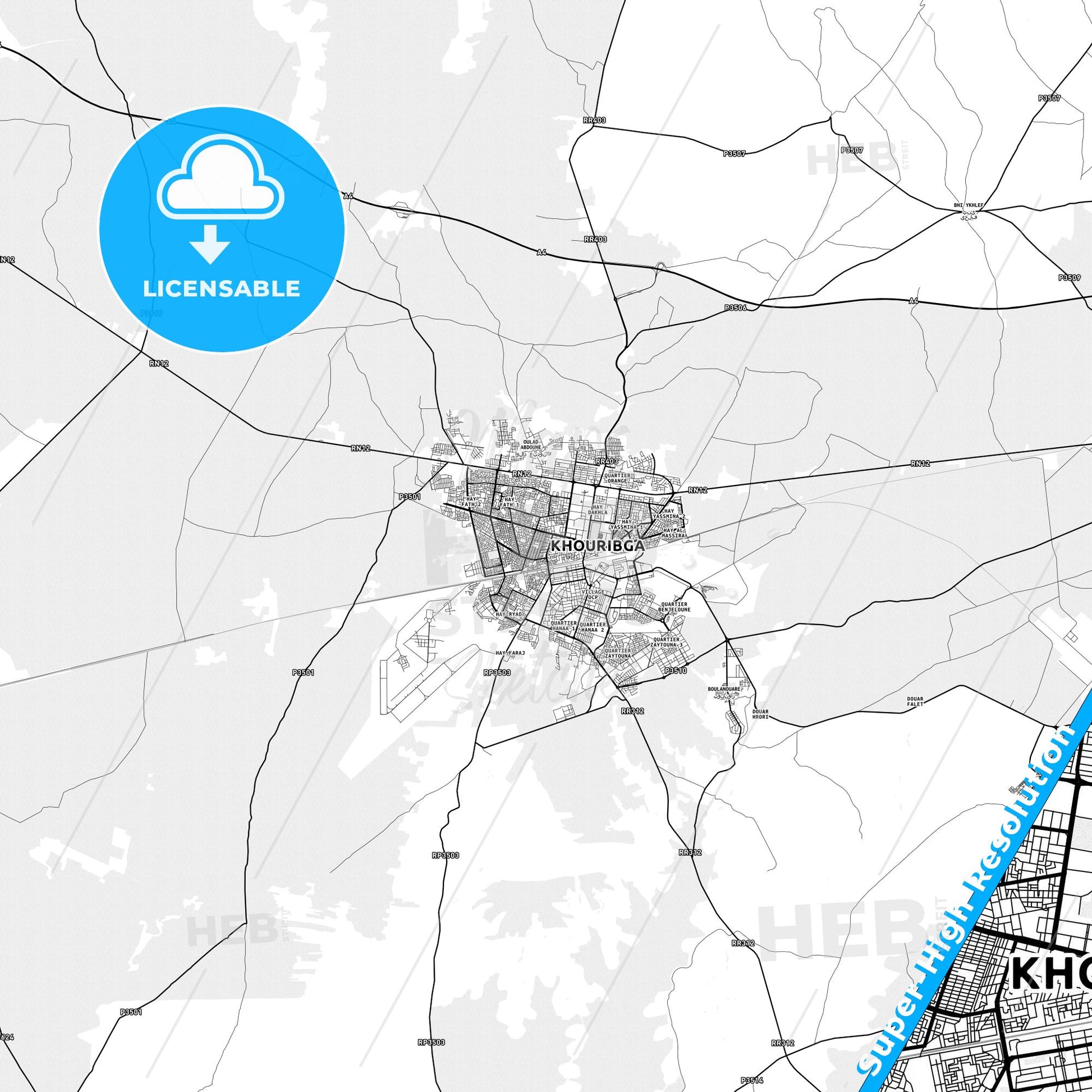 Khouribga, Morocco light map with streetnames, citynames and districts
