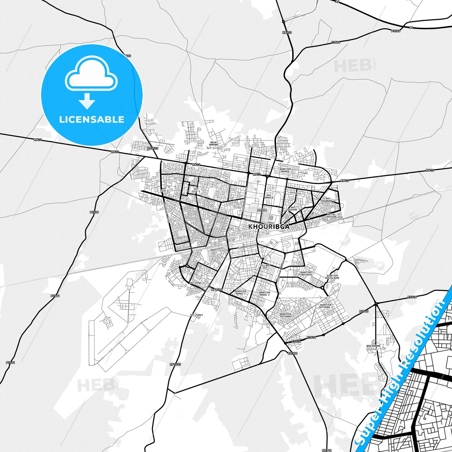 Khouribga, Morocco Light Map with Street Names, City Names, and Districts