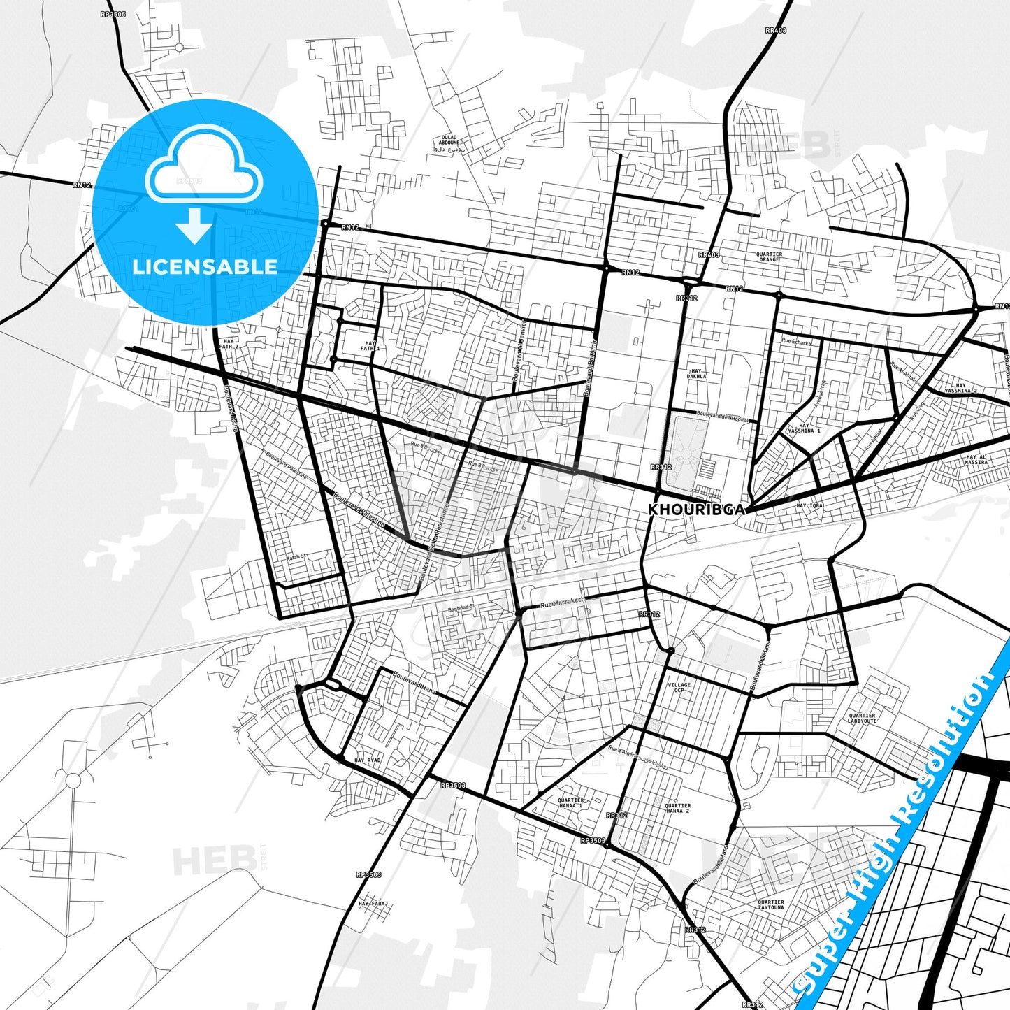 Khouribga, Morocco Light Map with Street Names, City Names, and Districts