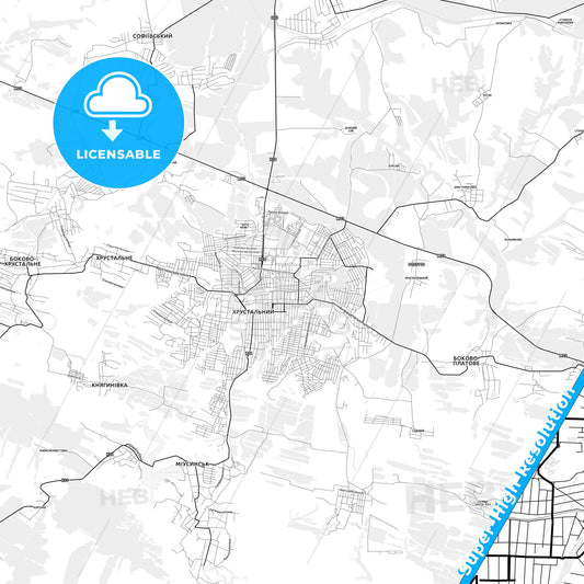 Khrustalnyi, Ukraine light map with streetnames, citynames and districts