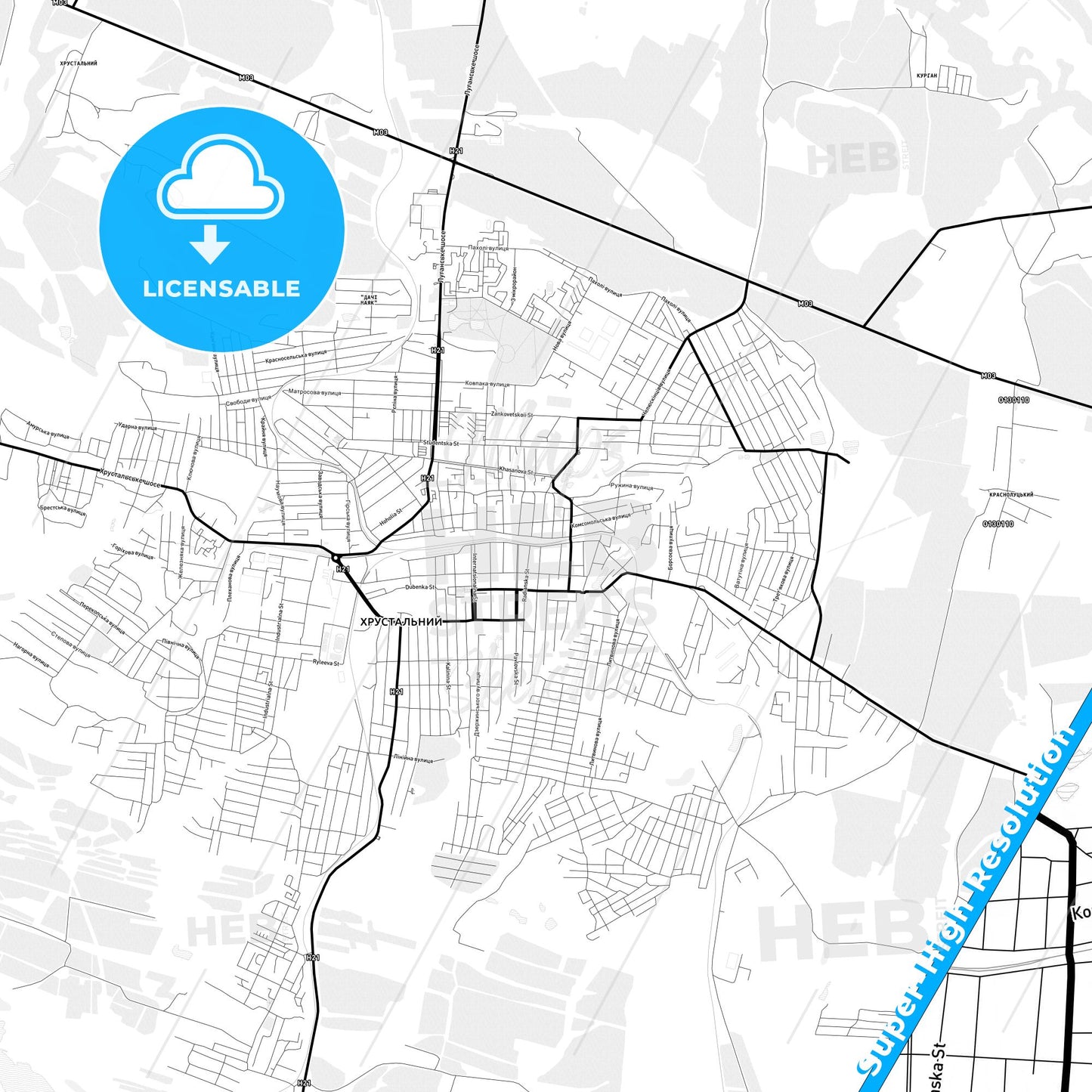 Khrustalnyi, Ukraine Light Map with Street Names, City Names, and Districts
