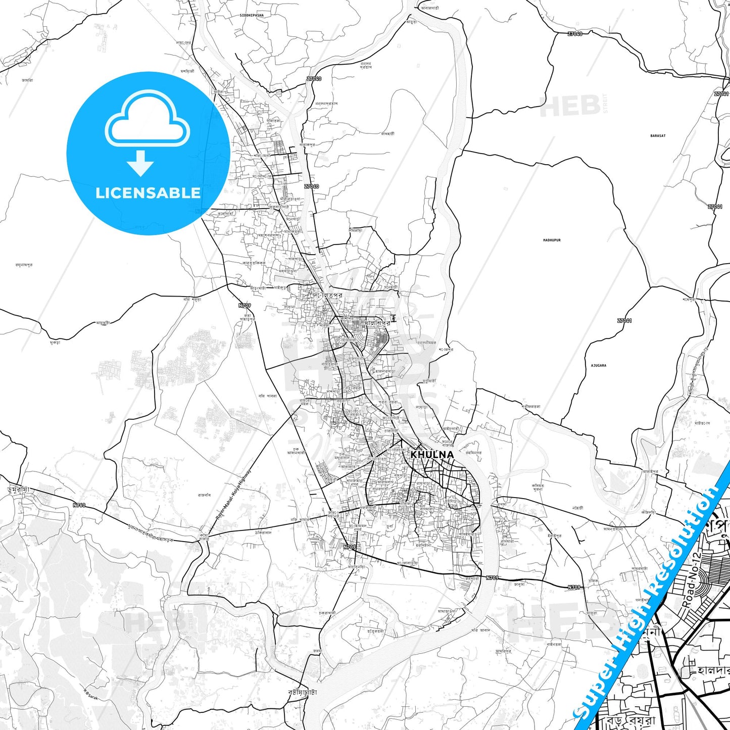 Khulna, Bangladesh light map with streetnames, citynames and districts
