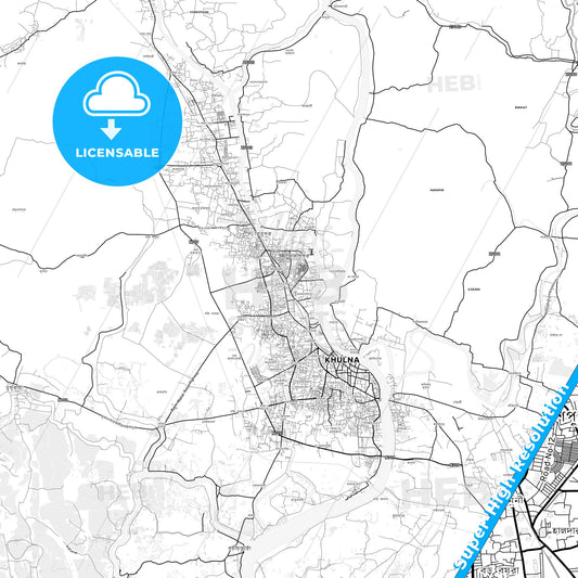 Khulna, Bangladesh light map with streetnames, citynames and districts