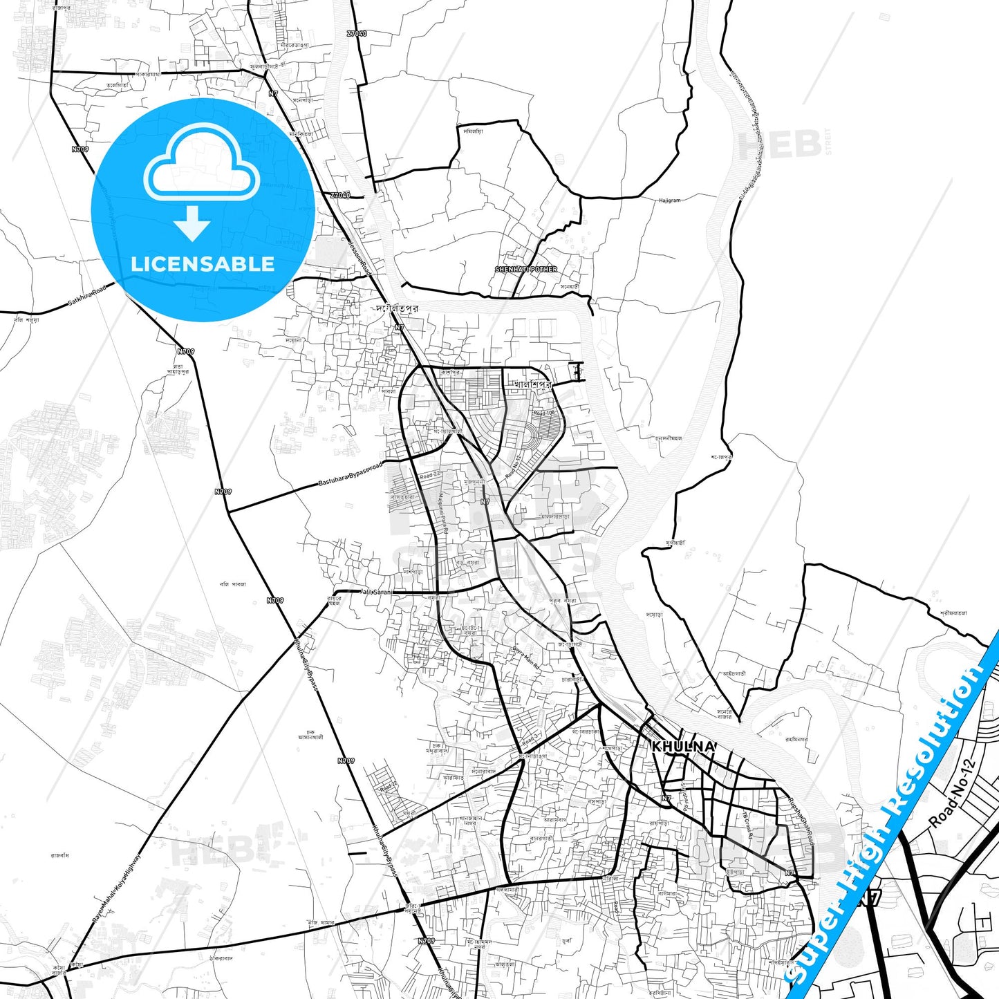 Khulna, Bangladesh Light Map with Street Names, City Names, and Districts