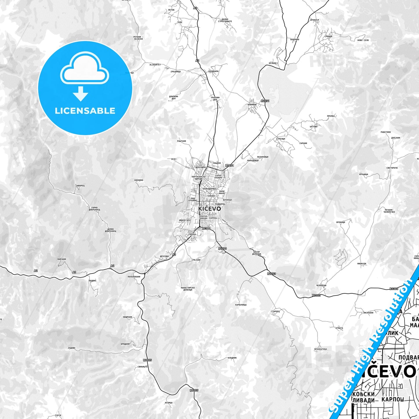 Kičevo, North Macedonia light map with streetnames, citynames and districts