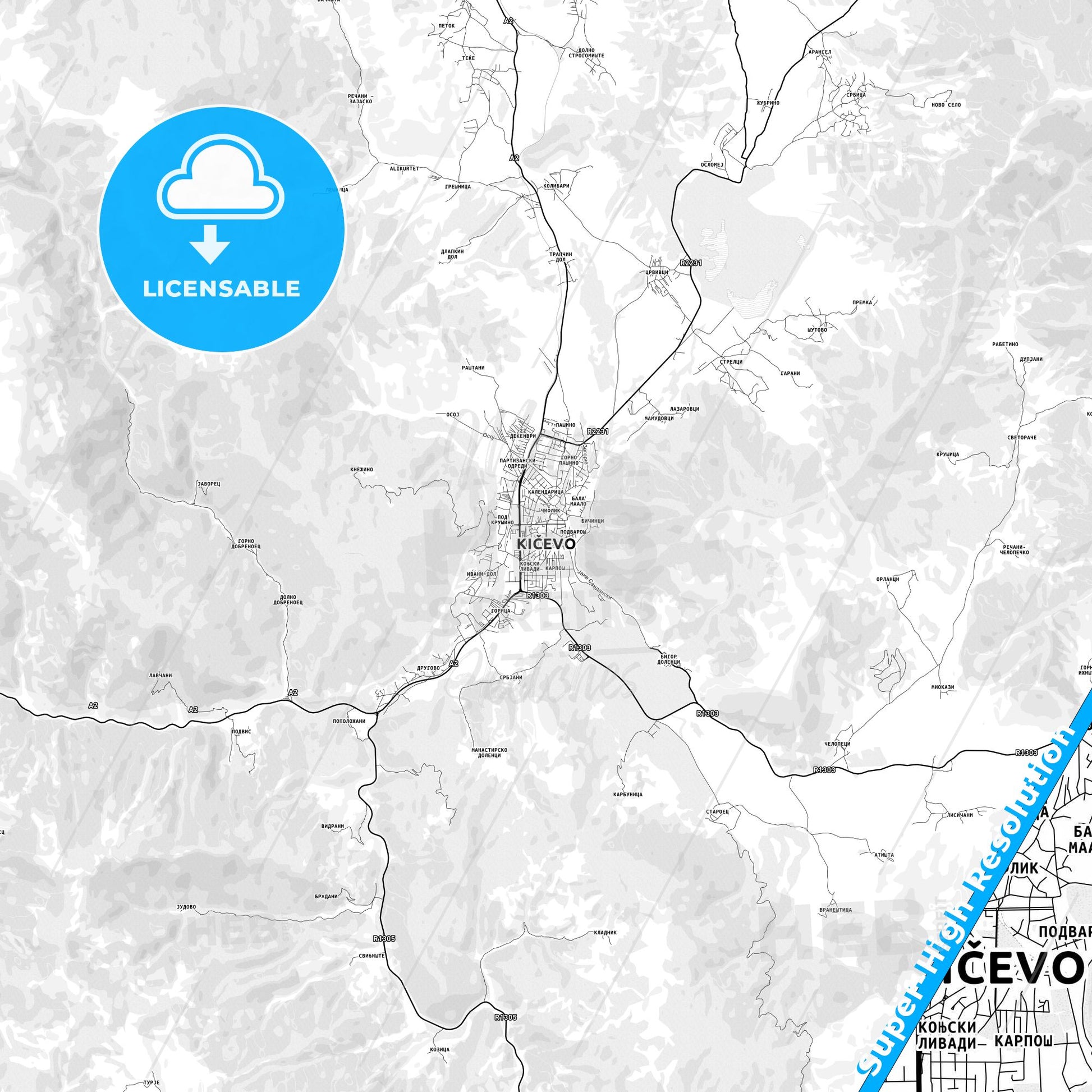 Kičevo, North Macedonia light map with streetnames, citynames and districts