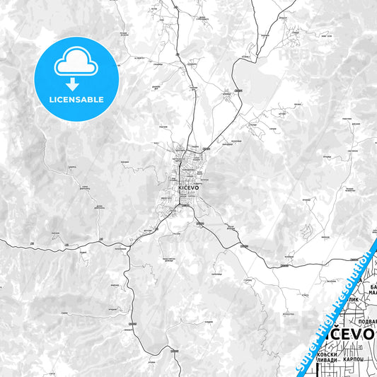 Kičevo, North Macedonia light map with streetnames, citynames and districts