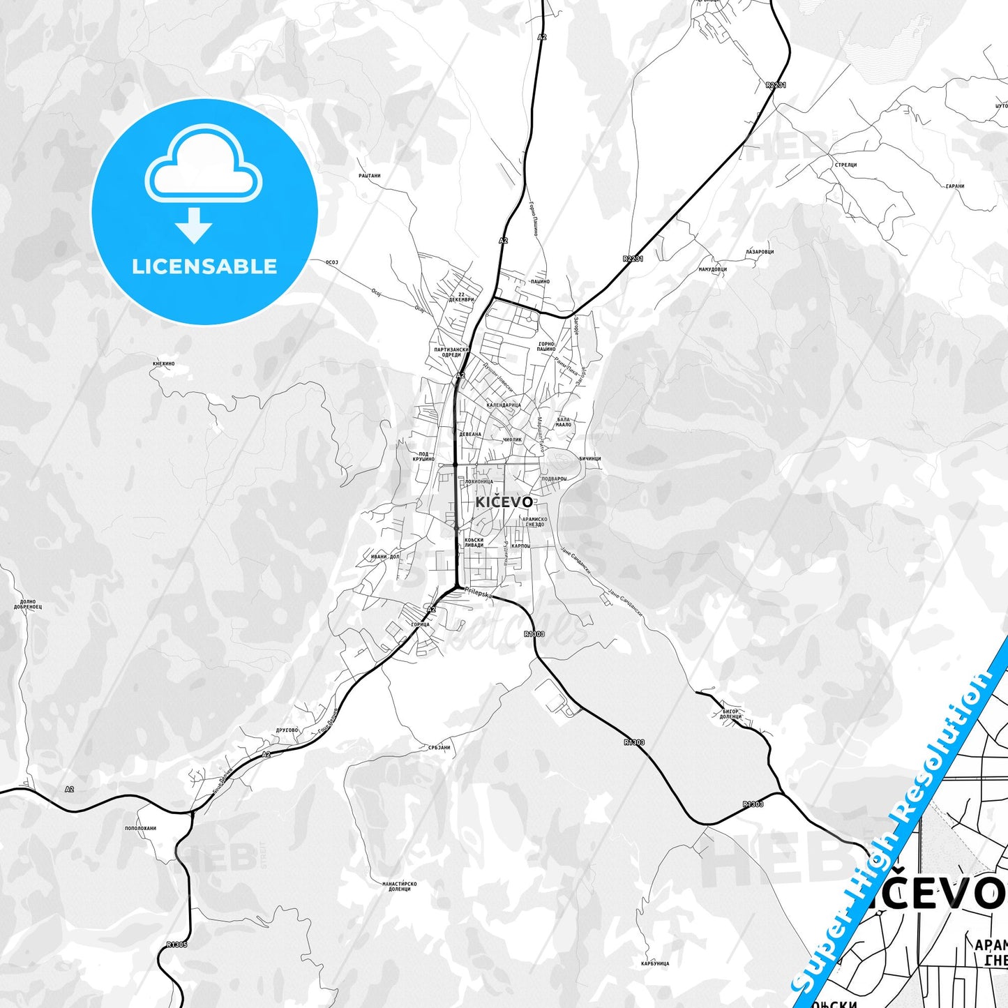 Kičevo, North Macedonia Light Map with Street Names, City Names, and Districts