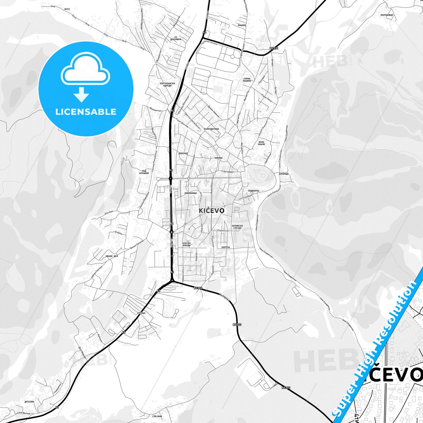 Kičevo, North Macedonia Light Map with Street Names, City Names, and Districts