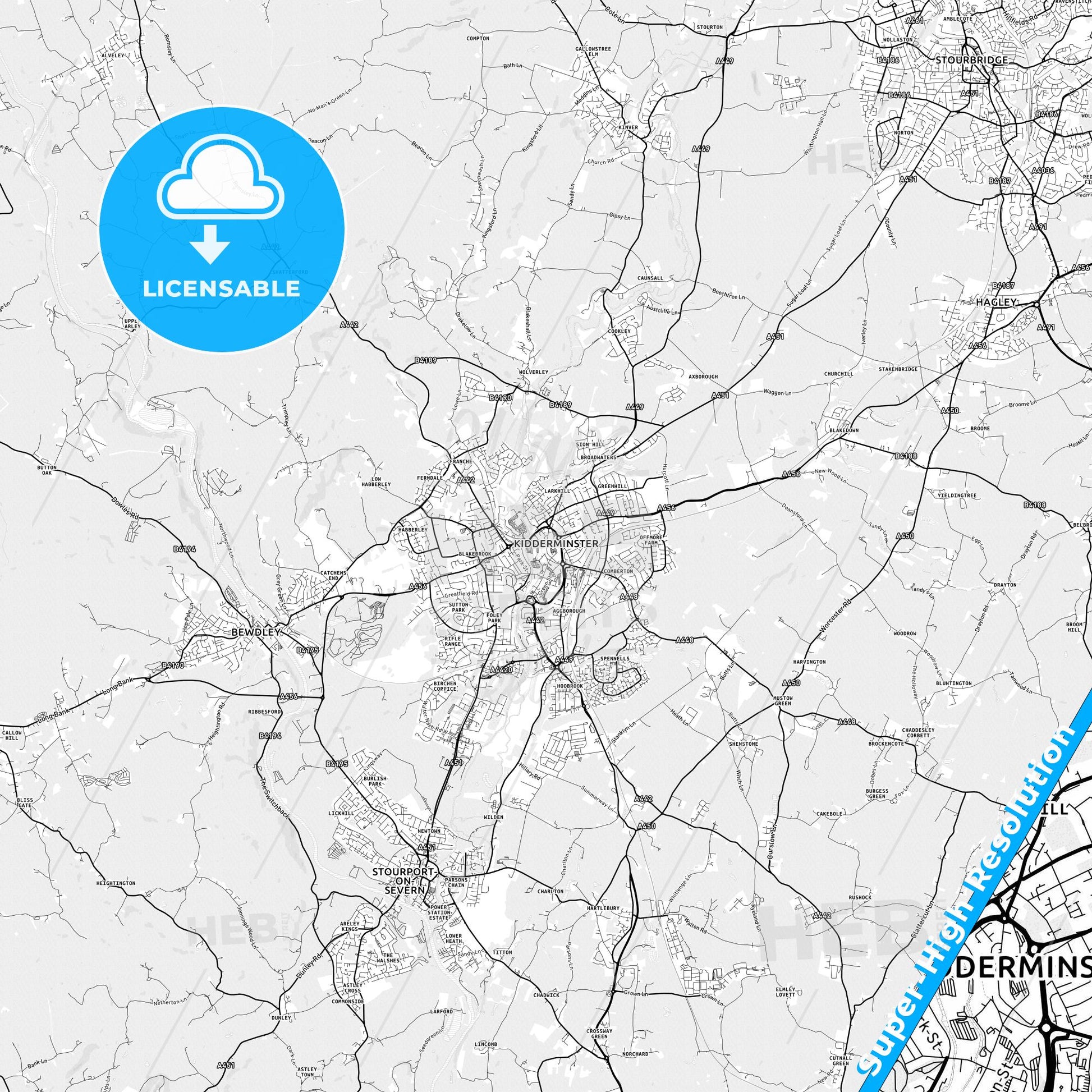 Kidderminster, England light map with streetnames, citynames and districts