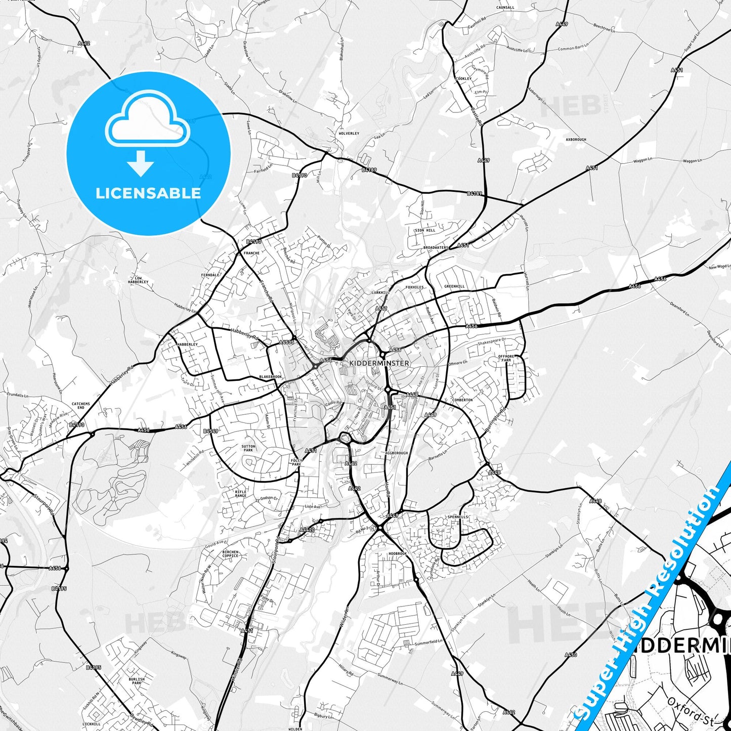 Kidderminster, England Light Map with Street Names, City Names, and Districts