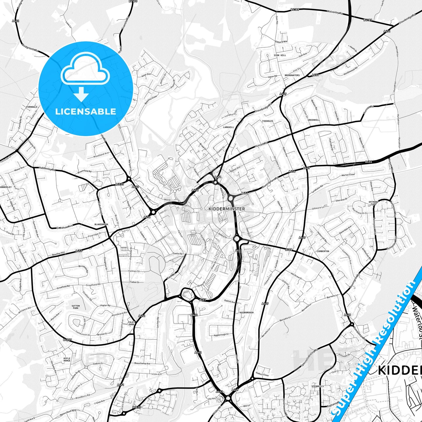 Kidderminster, England Light Map with Street Names, City Names, and Districts