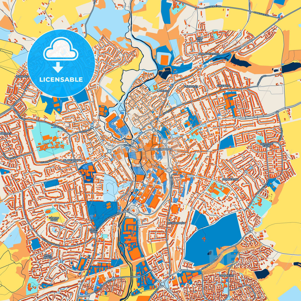 Colorful Kidderminster Street Map with Labels and Buildings