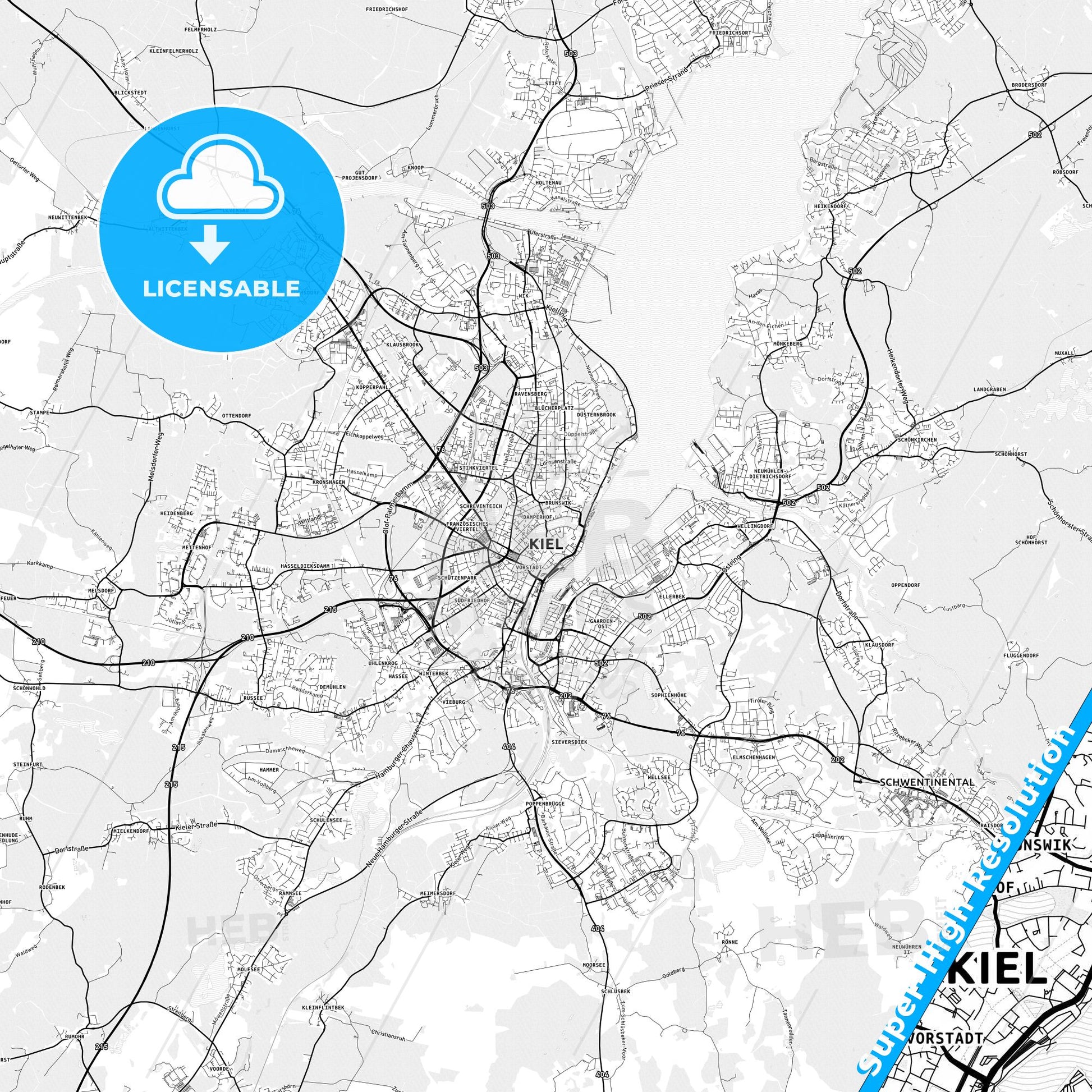 Kiel, Germany light map with streetnames, citynames and districts