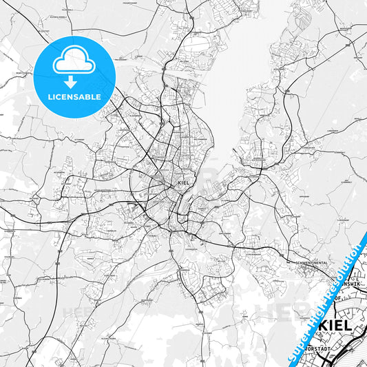 Kiel, Germany light map with streetnames, citynames and districts