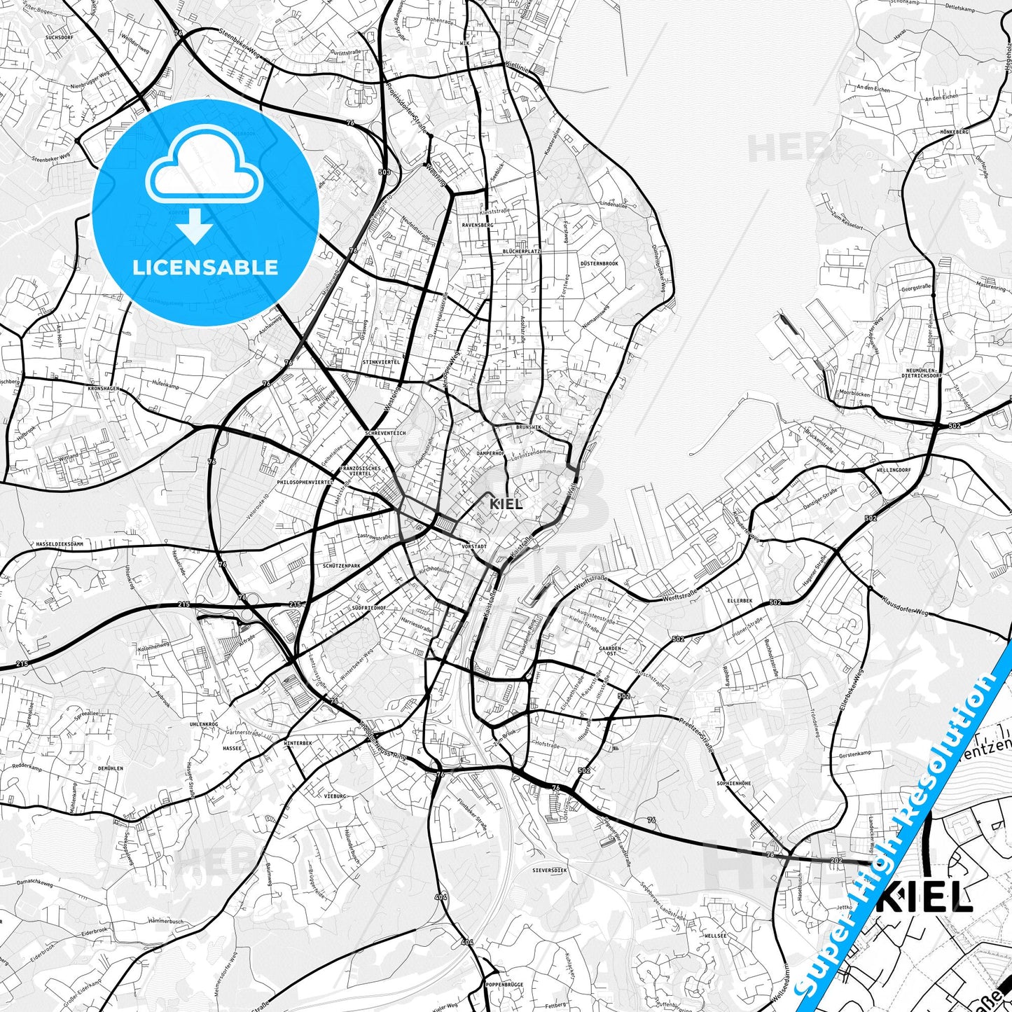 Kiel, Germany Light Map with Street Names, City Names, and Districts