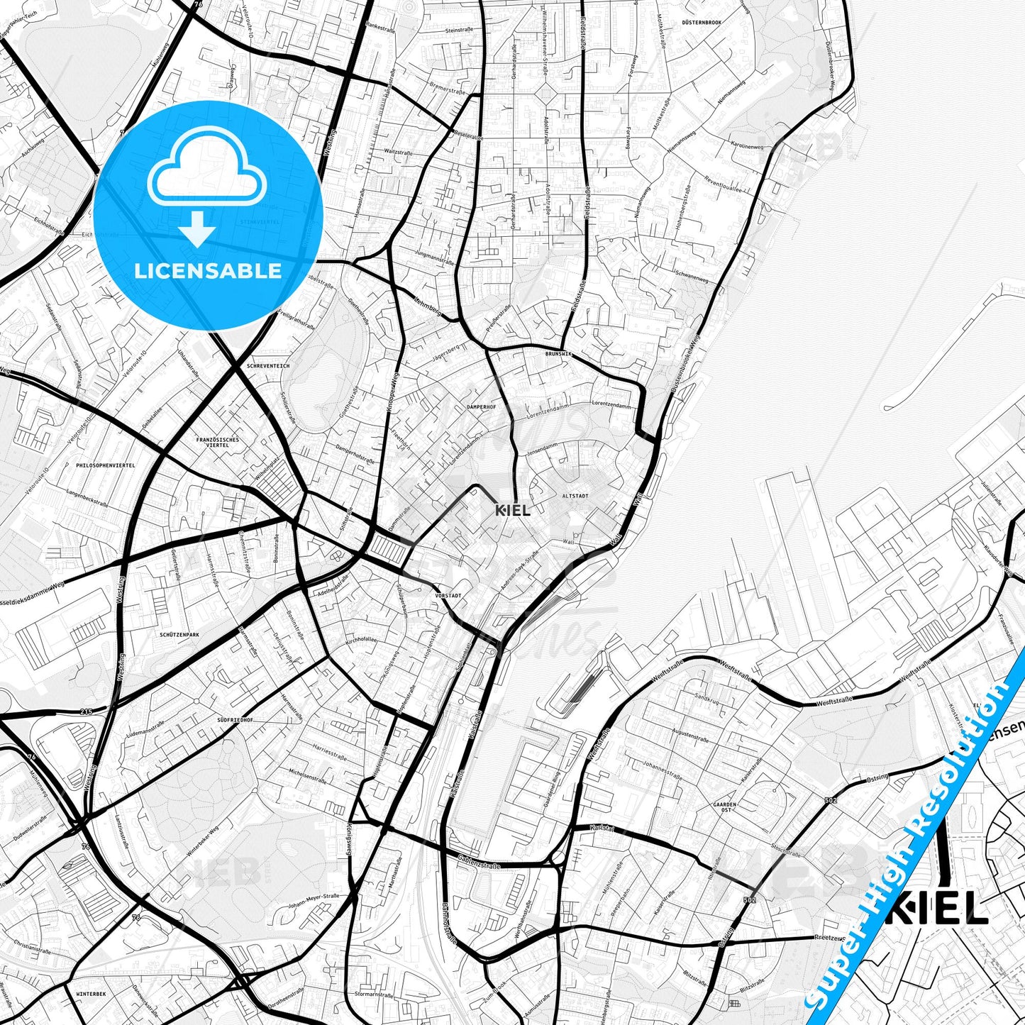 Kiel, Germany Light Map with Street Names, City Names, and Districts