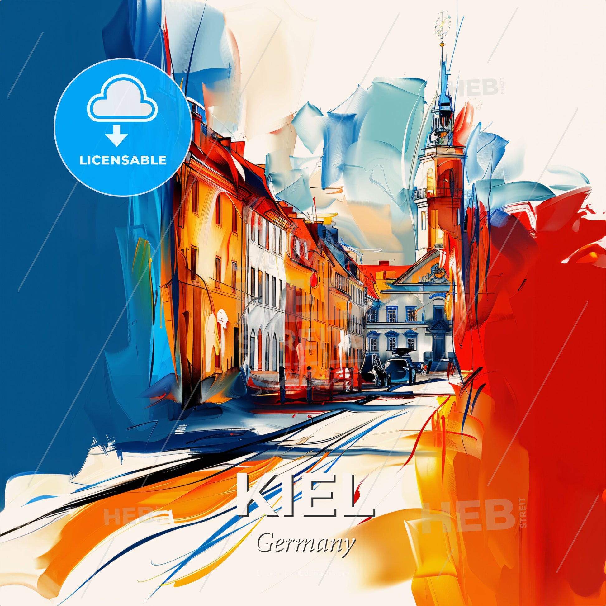 Vibrant Kiel, Germany - A Colorful Painting Of A Street With Buildings And A Tower - Square format print template