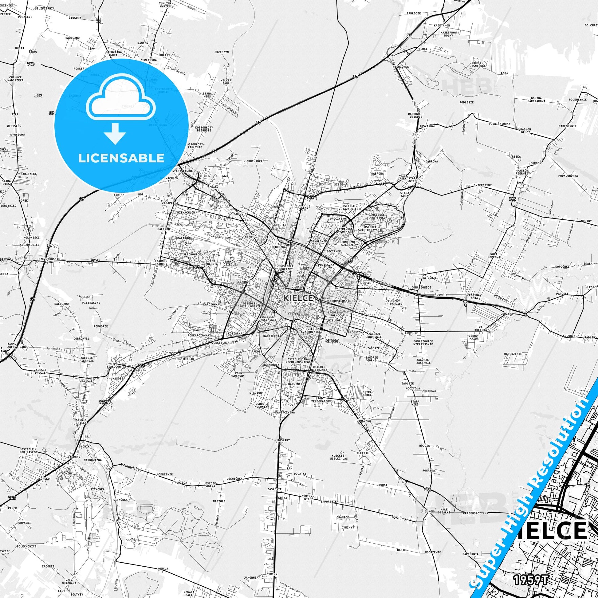 Kielce, Poland light map with streetnames, citynames and districts