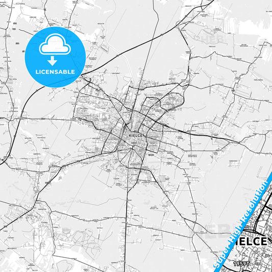 Kielce, Poland light map with streetnames, citynames and districts