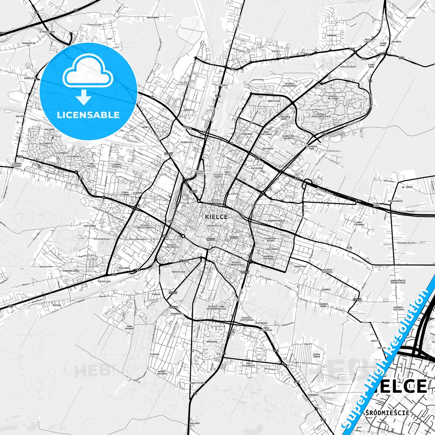 Kielce, Poland Light Map with Street Names, City Names, and Districts