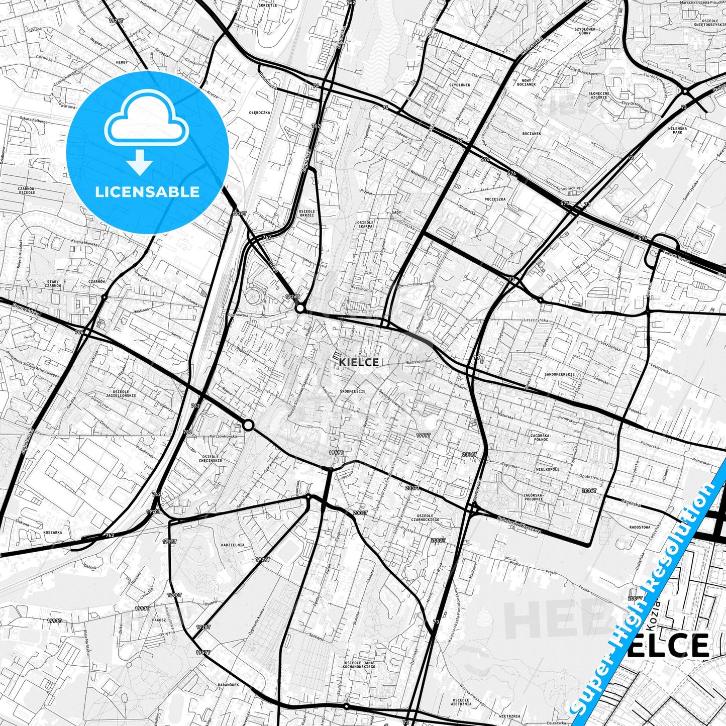 Kielce, Poland Light Map with Street Names, City Names, and Districts