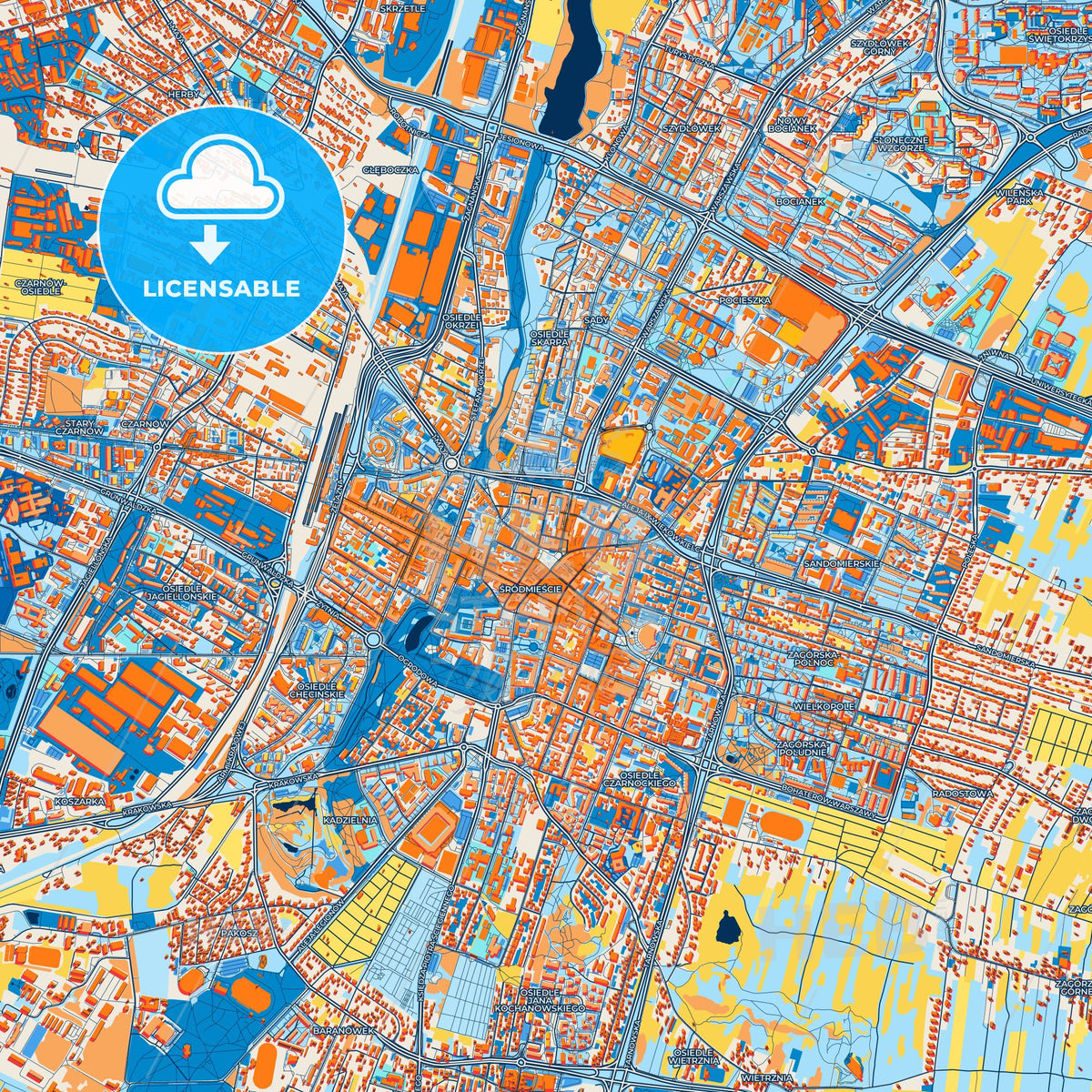 Colorful Kielce Street Map with Labels and Buildings