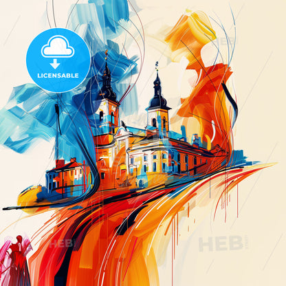 Vibrant Kielce, Poland - A Painting Of A Building With A Couple Of People Standing On Top Of It