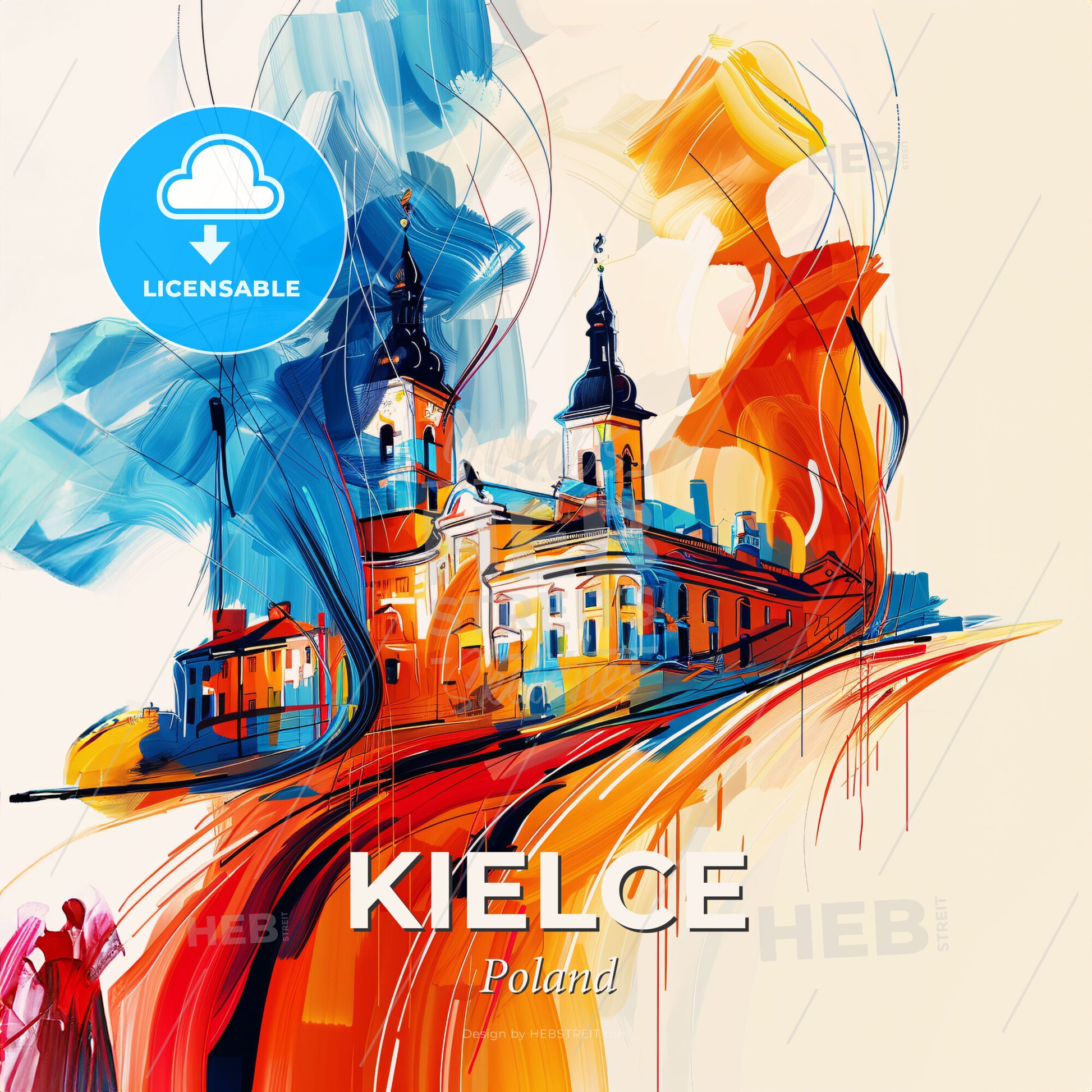 Vibrant Kielce, Poland - A Painting Of A Building With A Couple Of People Standing On Top Of It - Square format print template